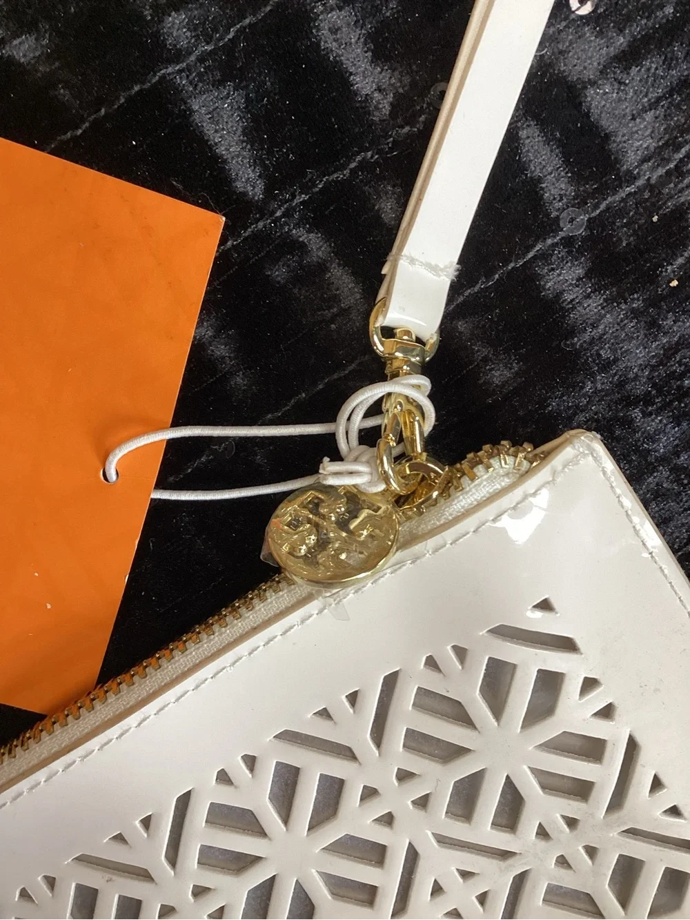 Tory Burch Limited Edition Wht Laser-Cut Patent Wristlet Clutch w/Gold Hardware
